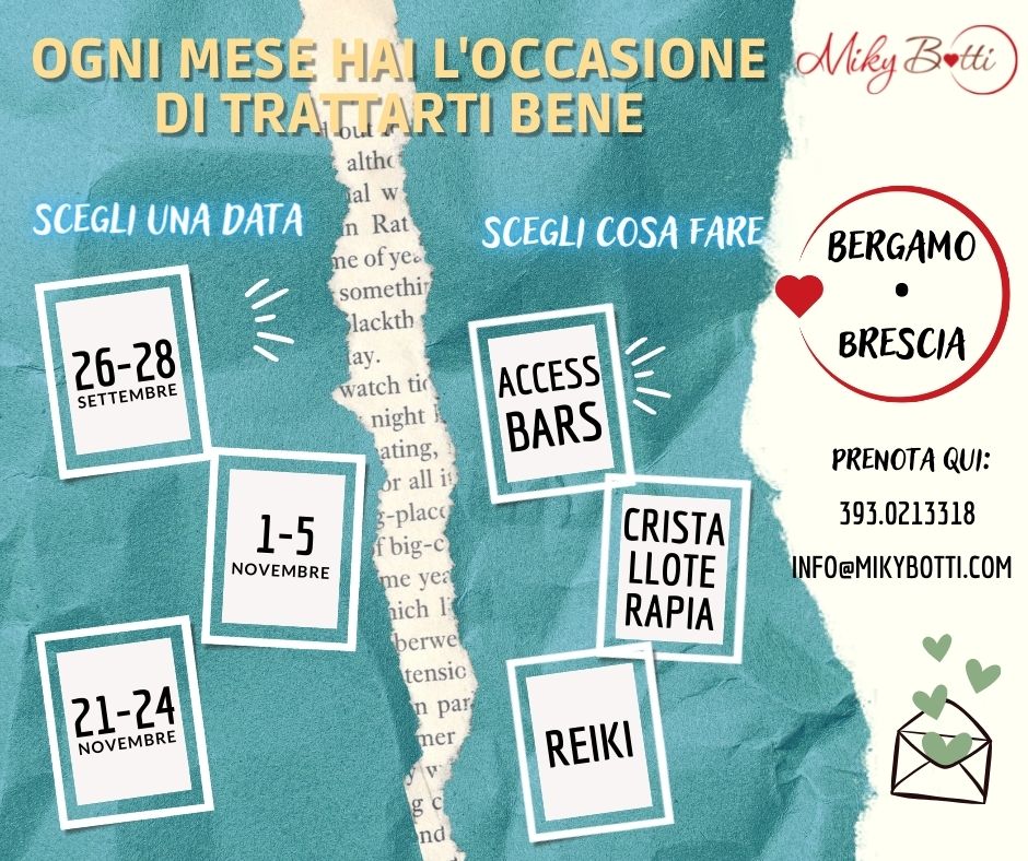 Stare bene è un dovere che abbiamo verso noi stessi prima ancora che verso gli altri. 
In queste date sarà possibile ricevere trattamenti personalizzati di:
Access Bars, Reiki, Cristalloterapia bg-bs appuntamento mensile - trattamenti personalizzati