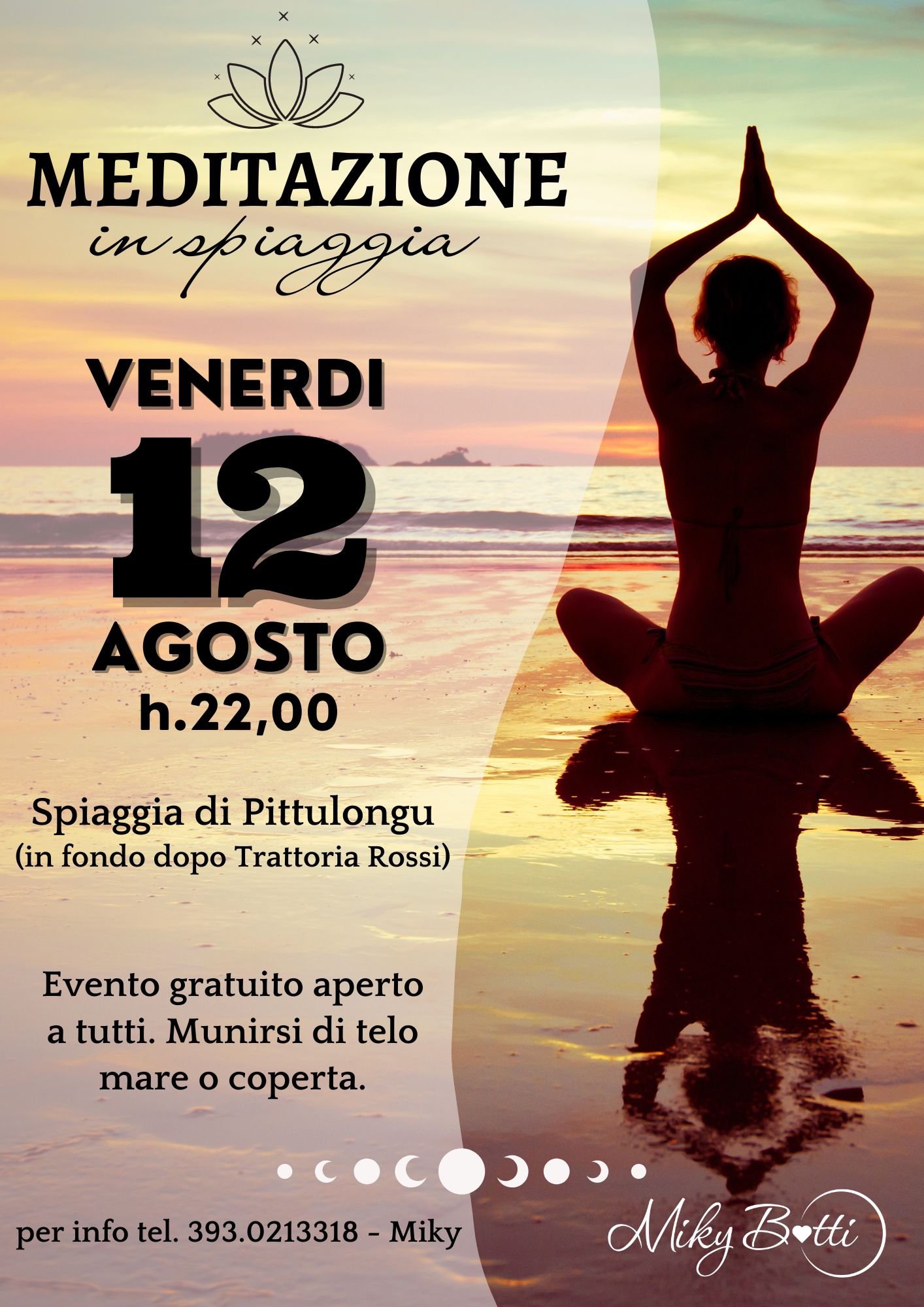 Meditazione in spiaggia a Olbia per sfruttare l'energia della luna piena e riequilibrare i chakra. meditazione in spiaggia
